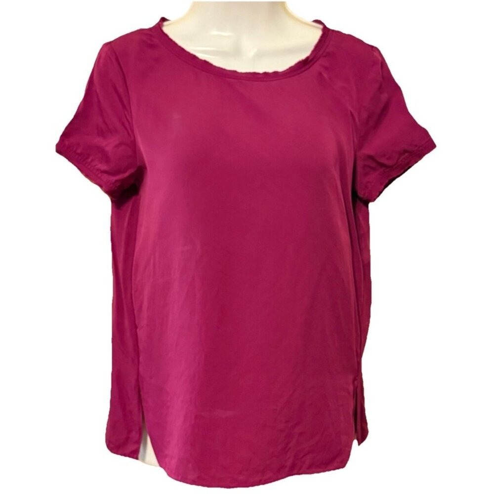 Theory Blouse Womens Pink Fuscia Silk Short Sleeve‎ Top Career Classic Fringe